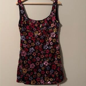 Cider sequin floral mini dress in red, gold, purple, pink & black